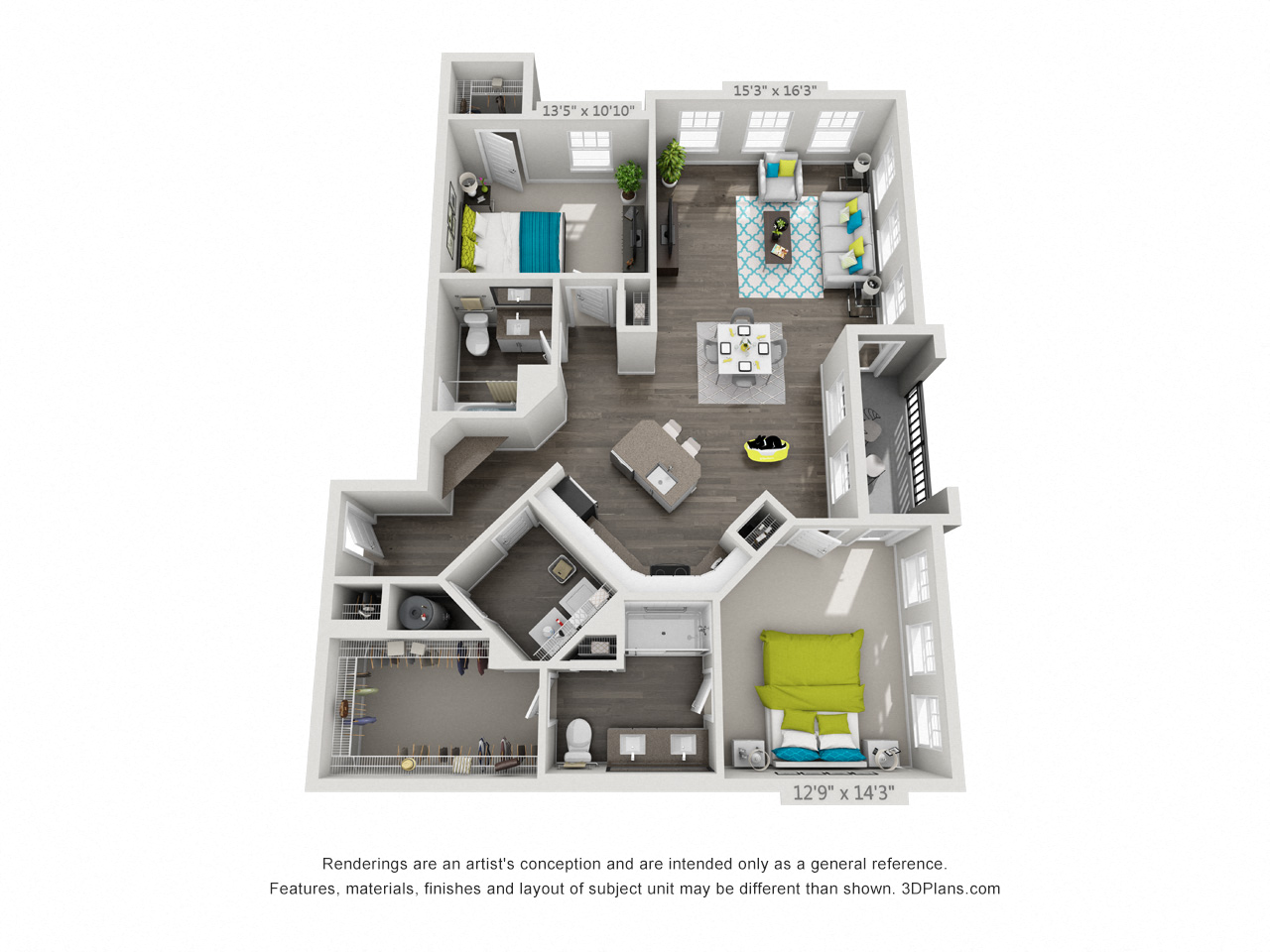 Floor plan for 2 beds, 2 baths, 1315 sqft
